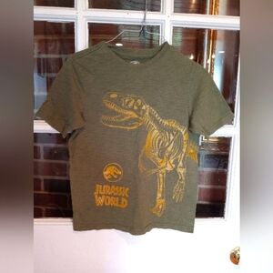 Jurassic World tee boys size L 10/12 Olive Green with yellow logo.